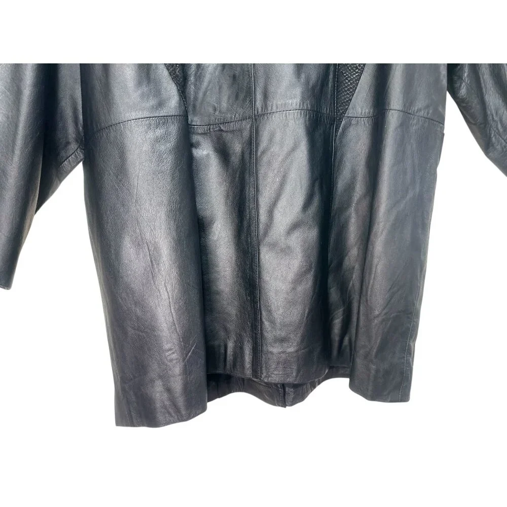 Jaqueline Ferrar Vintage Retro Leather Jacket Coat XL Black Button Down Western